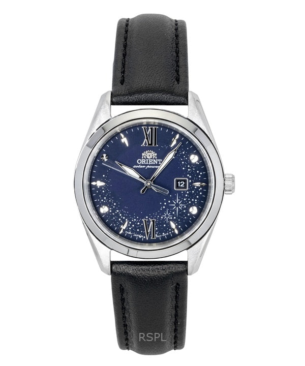 Montre femme Orient Stretto à bracelet en cuir, cadran bleu et énergie solaire RA-WG0605L