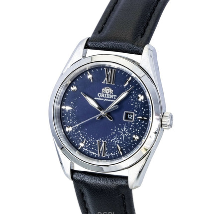 Montre femme Orient Stretto à bracelet en cuir, cadran bleu et énergie solaire RA-WG0605L