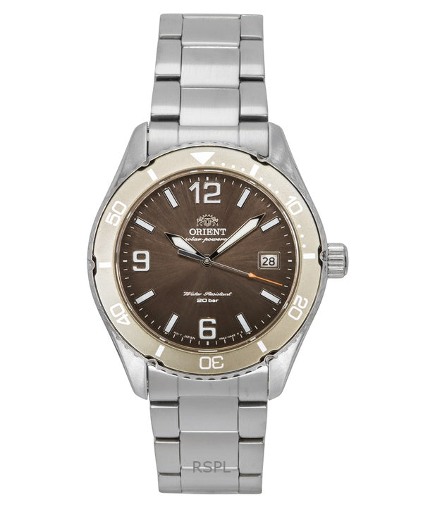 Montre de plongée solaire Orient Mako III en acier inoxydable avec cadran marron RA-WJ0004Y pour homme, 200 m
