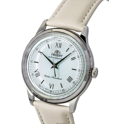 Montre homme Orient Bambino, bracelet en cuir, cadran vert pâle, solaire RA-WK0002E