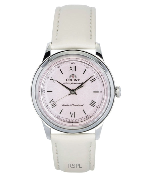 Montre homme Orient Bambino, bracelet cuir, cadran rose, solaire RA-WK0005P