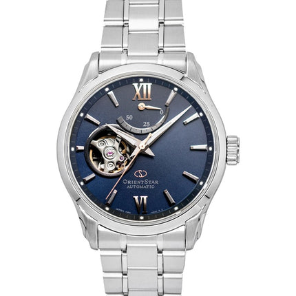 Montre homme Orient Star Contemporary Mechanical Limited Edition en acier inoxydable, cadran bleu-gris à cœur ouvert, automatique RE-AT0021L, étanche à 100 m