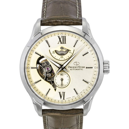 Montre homme Orient Star contemporaine avec bracelet en cuir, cadran champagne et cœur ouvert, automatique, RE-AV0B10G, 100 m