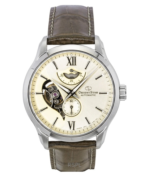 Montre homme Orient Star contemporaine avec bracelet en cuir, cadran champagne et cœur ouvert, automatique, RE-AV0B10G, 100 m
