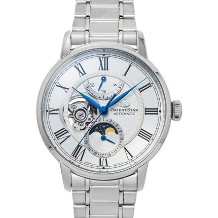 Montre homme Orient Star M45 F7 à phase de lune mécanique, boîtier en acier inoxydable, cadran blanc à cœur ouvert, automatique RE-BT0005S