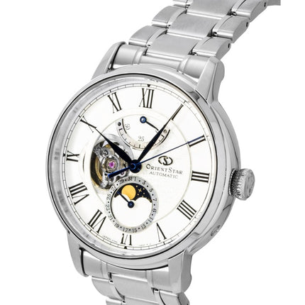 Montre homme Orient Star M45 F7 à phase de lune mécanique, boîtier en acier inoxydable, cadran blanc à cœur ouvert, automatique RE-BT0005S