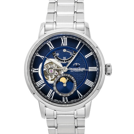 Montre homme Orient Star M45 F7 à phase de lune mécanique, boîtier en acier inoxydable, cadran bleu marine à cœur ouvert, automatique RE-BT0006L