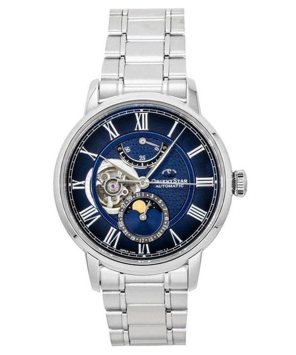 Montre homme Orient Star M45 F7 à phase de lune mécanique, boîtier en acier inoxydable, cadran bleu marine à cœur ouvert, automatique RE-BT0006L
