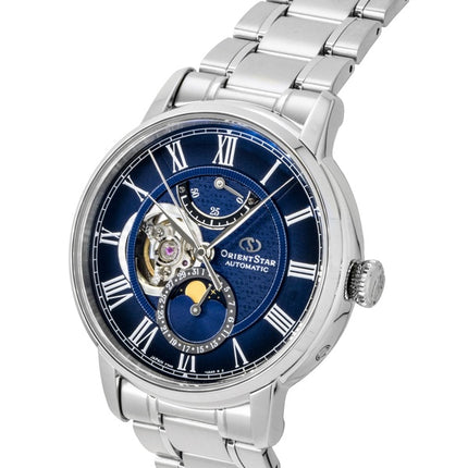 Montre homme Orient Star M45 F7 à phase de lune mécanique, boîtier en acier inoxydable, cadran bleu marine à cœur ouvert, automatique RE-BT0006L