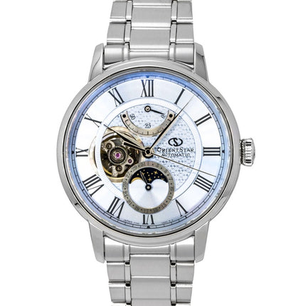 Montre homme Orient Star M45 F7 à phase de lune mécanique, boîtier en acier inoxydable, cadran bleu clair à cœur ouvert, automatique RE-BT0007L