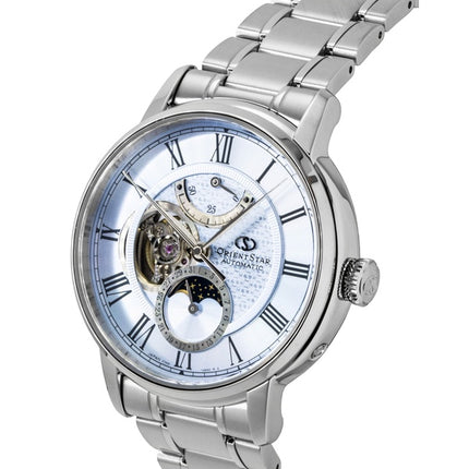 Montre homme Orient Star M45 F7 à phase de lune mécanique, boîtier en acier inoxydable, cadran bleu clair à cœur ouvert, automatique RE-BT0007L