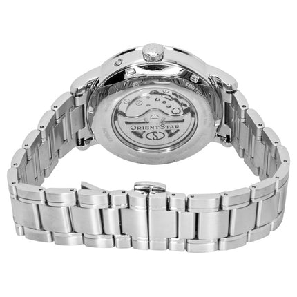 Montre homme Orient Star M45 F7 à phase de lune mécanique, boîtier en acier inoxydable, cadran bleu clair à cœur ouvert, automatique RE-BT0007L