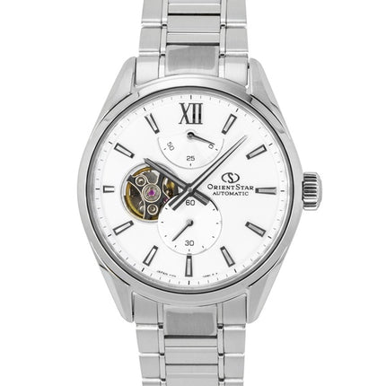 Montre homme Orient Star Contemporary M34 F7 en acier inoxydable, semi-squelette, cadran blanc, automatique RE-BY0011S