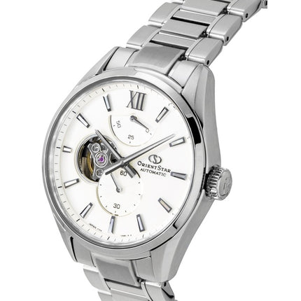 Montre homme Orient Star Contemporary M34 F7 en acier inoxydable, semi-squelette, cadran blanc, automatique RE-BY0011S