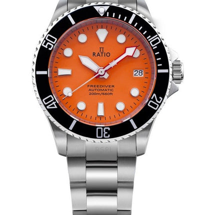 Montre homme Ratio FreeDiver Sapphire en acier inoxydable, cadran orange, automatique RTF045 200M, remise à neuf