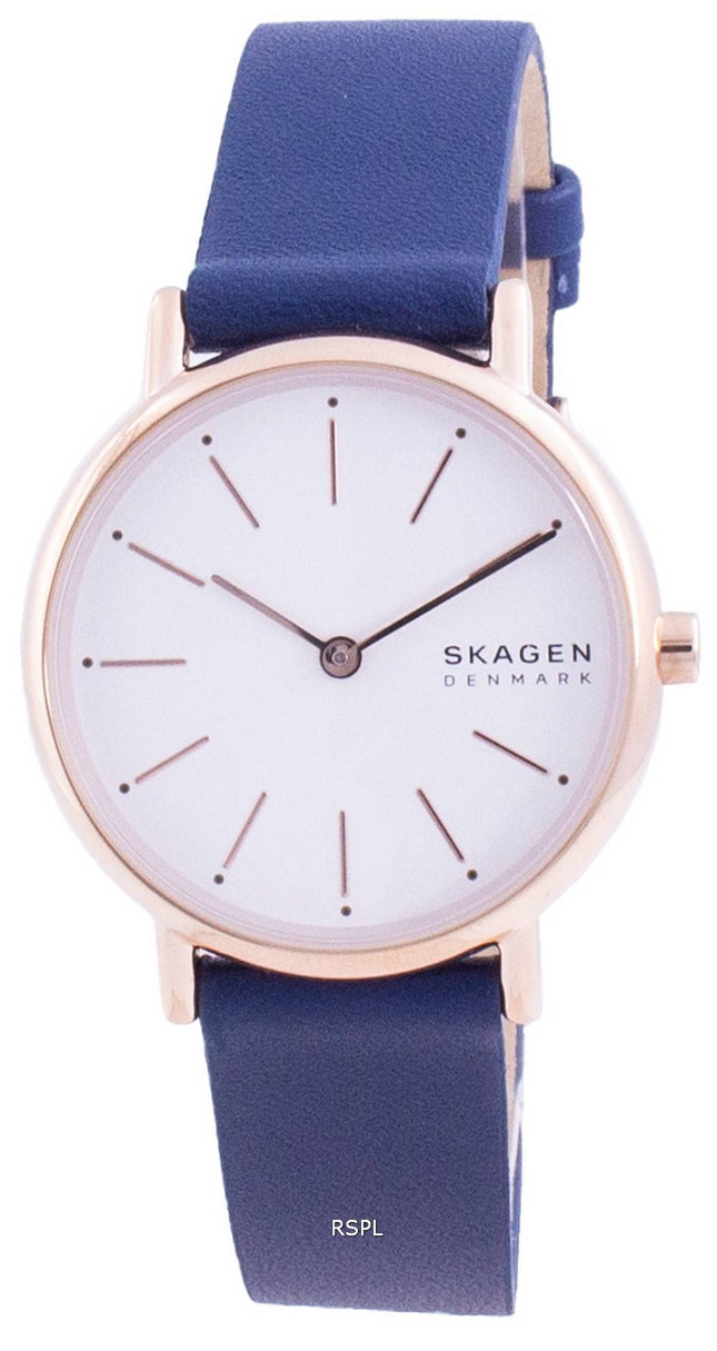 Montre Skagen Signatur Cadran Blanc Bracelet en Cuir Bleu Quartz SKW2838 Femme
