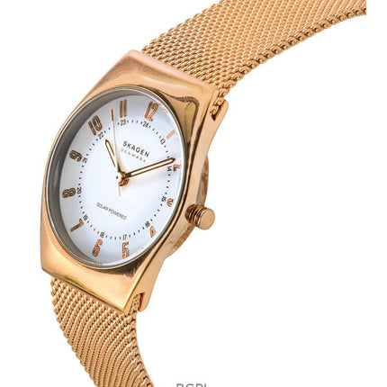 Montre Skagen Grenen Lille en acier inoxydable doré rose avec cadran blanc et fonction solaire SKW3078 pour femme