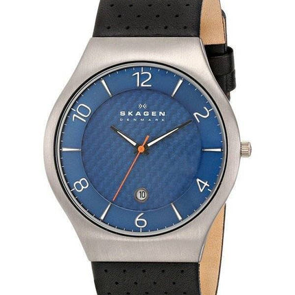Skagen Grenen bleu cadran perforé en cuir noir SKW6148 montre homme