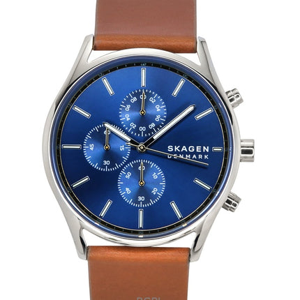 Montre chronographe Skagen Holst pour homme avec bracelet en cuir et cadran bleu à quartz SKW6916