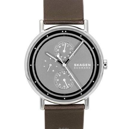 Montre homme Skagen Signature à bracelet en cuir, multifonction, cadran gris, quartz SKW6941