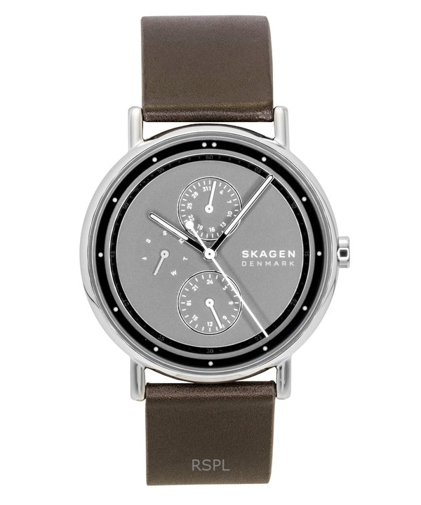 Montre homme Skagen Signature à bracelet en cuir, multifonction, cadran gris, quartz SKW6941