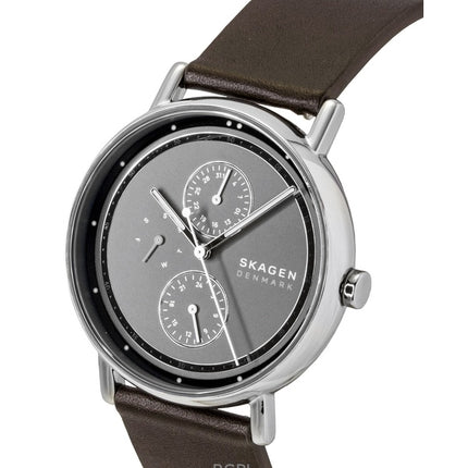 Montre homme Skagen Signature à bracelet en cuir, multifonction, cadran gris, quartz SKW6941