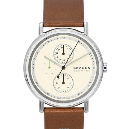 Montre homme Skagen Signature à bracelet en cuir, cadran crème multifonction, mouvement à quartz SKW6942