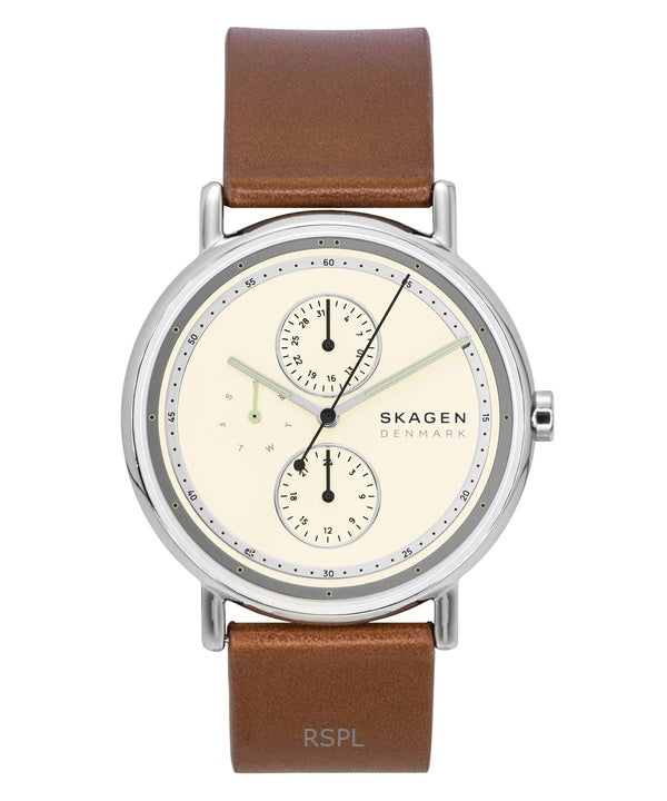 Montre homme Skagen Signature à bracelet en cuir, cadran crème multifonction, mouvement à quartz SKW6942