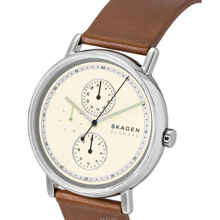 Montre homme Skagen Signature à bracelet en cuir, cadran crème multifonction, mouvement à quartz SKW6942