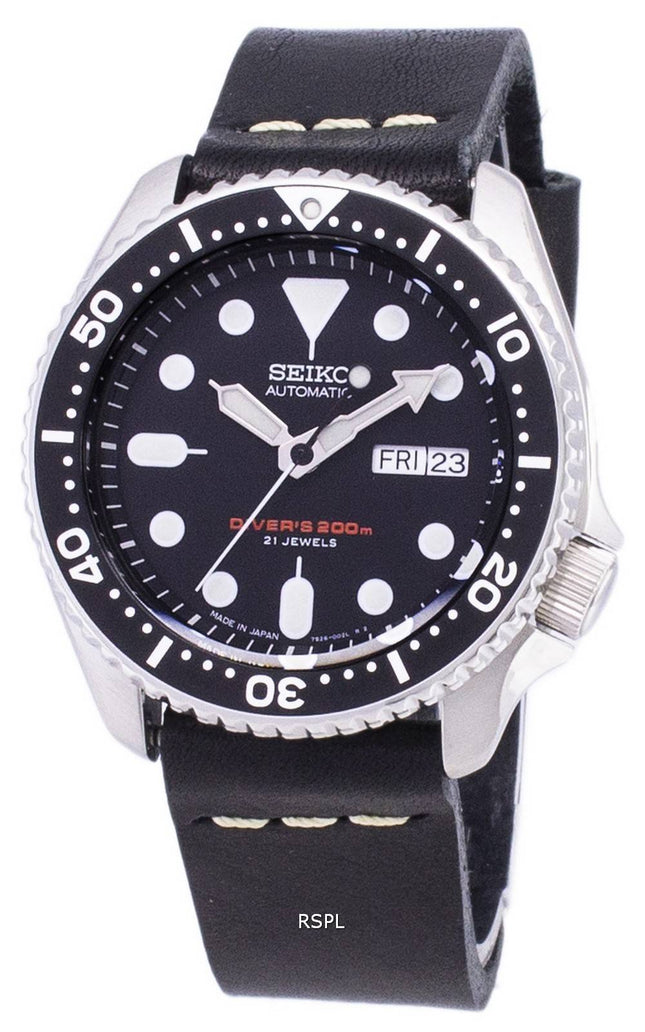 200M Japon Seiko automatique SKX007J1-LS14 Diver fait en cuir noir bracelet montre homme