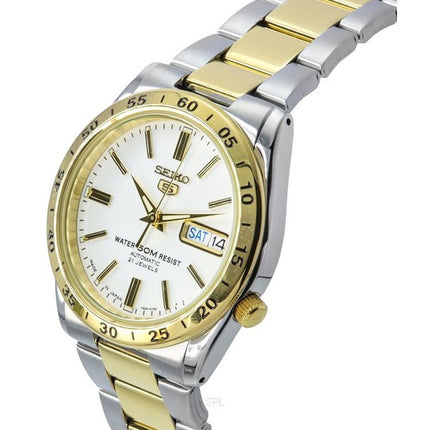Montre unisexe Seiko 5 en acier inoxydable bicolore, cadran blanc, 21 bijoux, automatique SNKE04J1