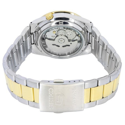 Montre unisexe Seiko 5 en acier inoxydable bicolore, cadran blanc, 21 bijoux, automatique SNKE04J1