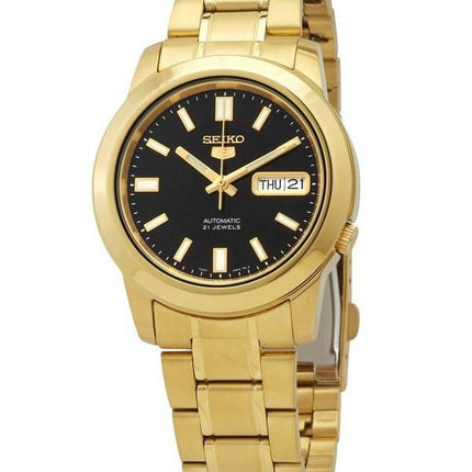 Montre Seiko pour homme en acier inoxydable 5 tons dorés, cadran noir, 21 bijoux, automatique SNKK22K1