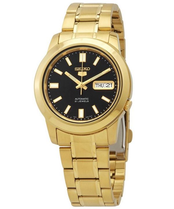 Montre Seiko pour homme en acier inoxydable 5 tons dorés, cadran noir, 21 bijoux, automatique SNKK22K1