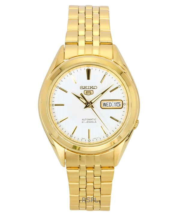 Montre Seiko pour homme en acier inoxydable 5 tons dorés, cadran blanc, 21 bijoux, automatique SNKL26K1