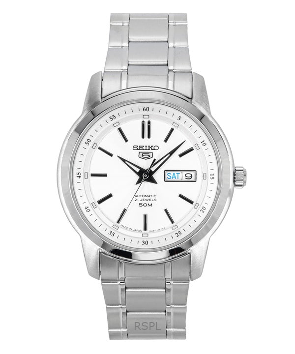Montre automatique Seiko 5 pour homme, cadran argenté, 21 rubis, acier inoxydable, SNKM83J1