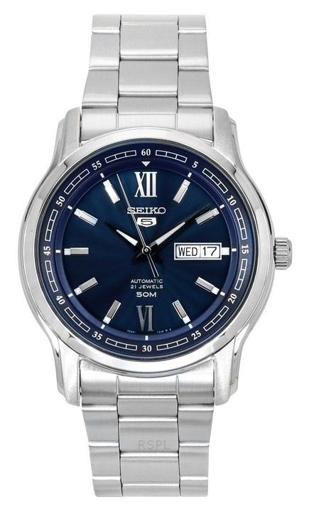 Montre analogique Seiko 5 en acier inoxydable avec cadran bleu automatique SNKP17K1 pour homme