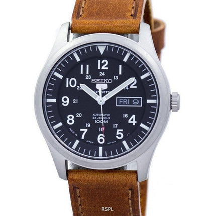 Montre homme Seiko 5 Sports Automatic, fabriquée au Japon, bracelet en cuir marron, référence SNZG15J1-var-LS9, étanche à 100 m, reconditionnée.