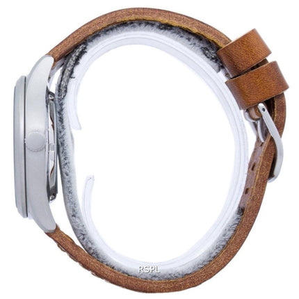 Montre homme Seiko 5 Sports Automatic, fabriquée au Japon, bracelet en cuir marron, référence SNZG15J1-var-LS9, étanche à 100 m, reconditionnée.
