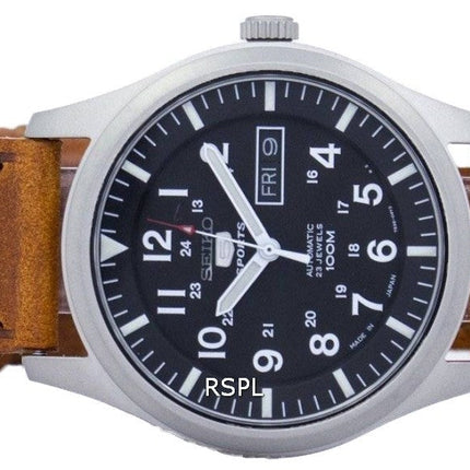 Montre homme Seiko 5 Sports Automatic, fabriquée au Japon, bracelet en cuir marron, référence SNZG15J1-var-LS9, étanche à 100 m, reconditionnée.