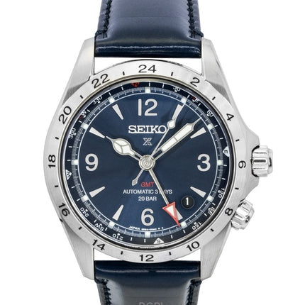 Montre homme Seiko Prospex Alpinist GMT, bracelet en cuir, cadran bleu, automatique, SPB377J1, 200 m