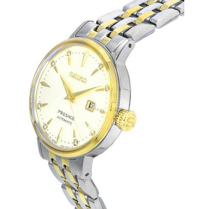 Montre Femme Seiko Presage Cocktail Time White Lady Diamond Accents Cadran Or Automatique SRE010J1