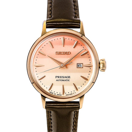 Montre femme Seiko Presage Cocktail édition limitée, bracelet cuir, cadran or rose, automatique SRE014J1