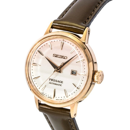 Montre femme Seiko Presage Cocktail édition limitée, bracelet cuir, cadran or rose, automatique SRE014J1