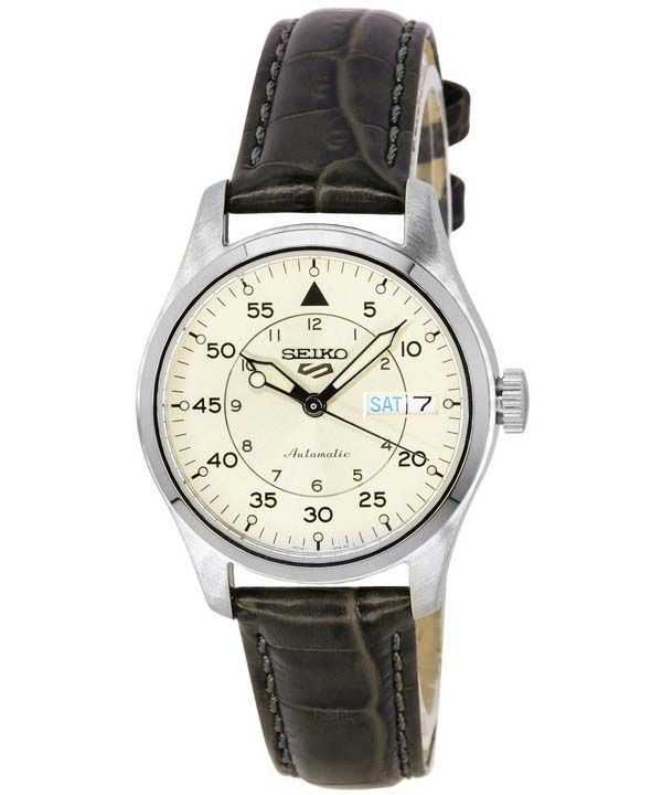 Montre homme Seiko 5 Sports GMT Champagne Flieger Suit Style, bracelet en cuir, automatique, étanche à 100 m, reconditionnée (référence SRPJ87K1).