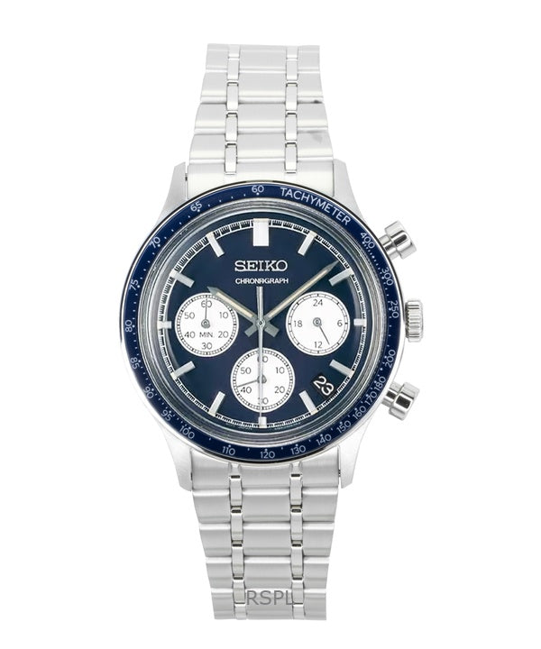 Montre Seiko chronographe à quartz en acier inoxydable avec cadran bleu SSB477P1 pour homme