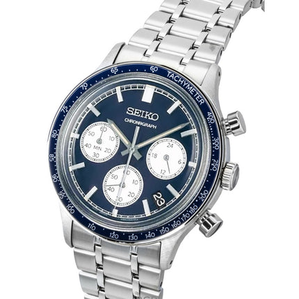 Montre Seiko chronographe à quartz en acier inoxydable avec cadran bleu SSB477P1 pour homme