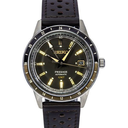 Montre pour homme Seiko Presage Style60's GMT avec bracelet en cuir de veau et cadran noir automatique SSK013J1