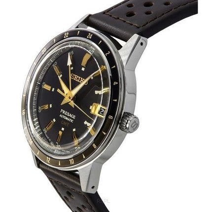 Montre pour homme Seiko Presage Style60's GMT avec bracelet en cuir de veau et cadran noir automatique SSK013J1