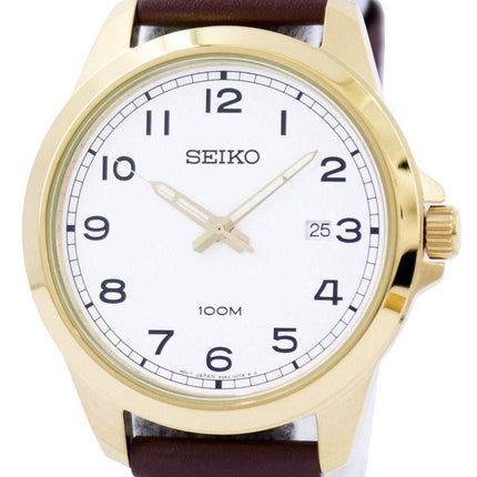 Seiko Quartz cadran blanc Montre en cuir brun SUR160 SUR160P1 SUR160P hommes